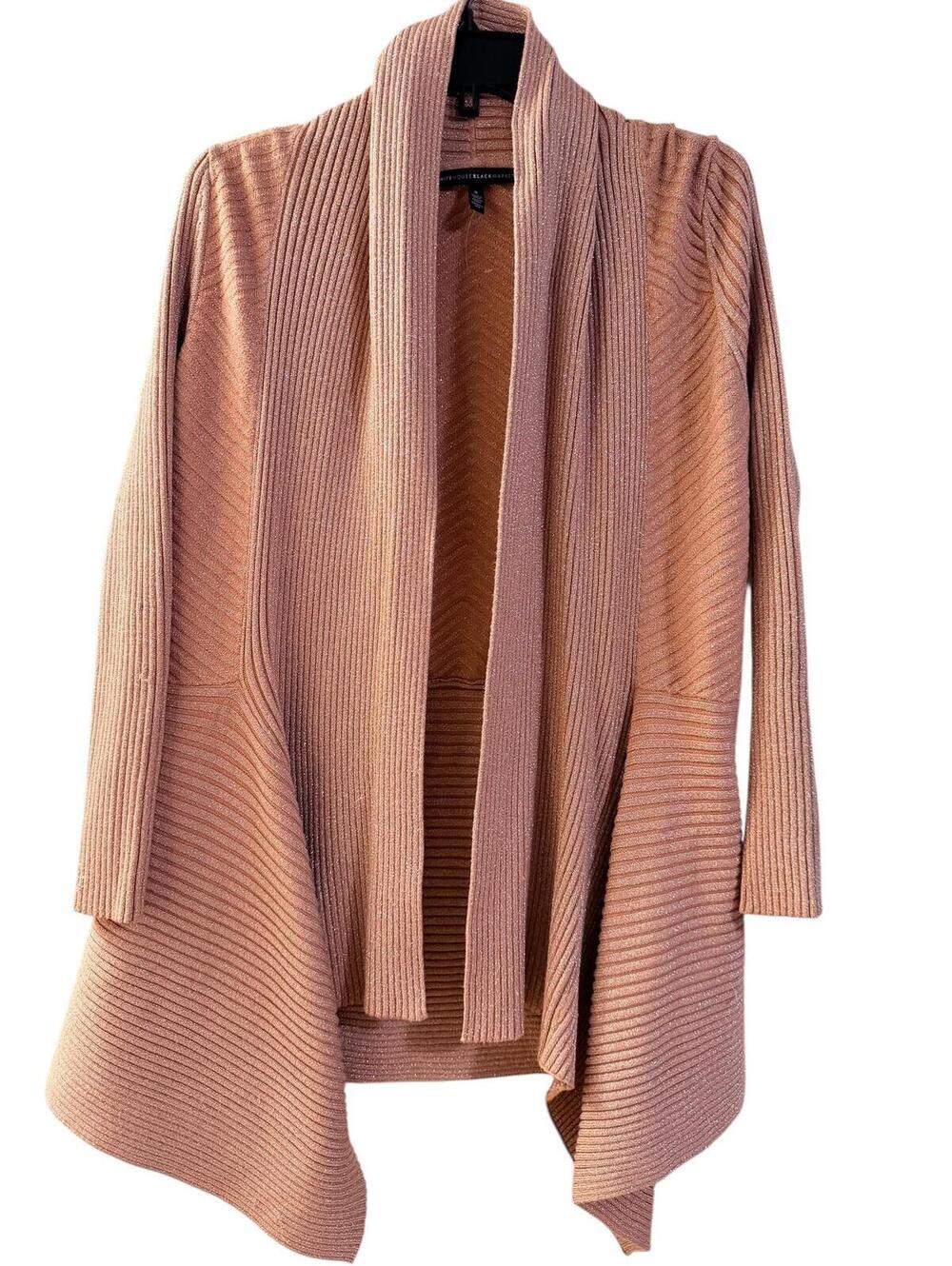 White House Black Market Blush Pink Open Front Metallic Ribbed Cardigan Sweater - Picture 4 of 8